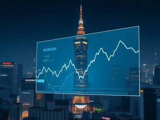 Nomura headquarters in Tokyo with digital asset market analysis showing reduced crypto exposure after Q3 losses
