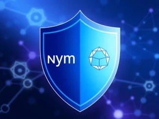 Nym and Cardano logos on a privacy shield, representing secure ADA payments for blockchain transactions.