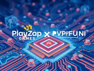PlayZap and PVPFUN AI logos merging over a futuristic GameFi infrastructure circuit board.