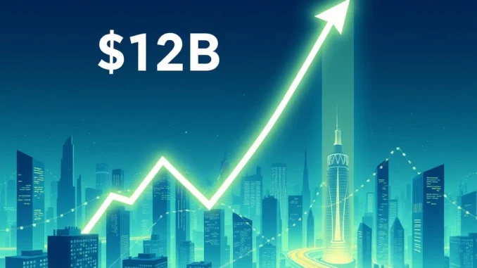 Graph showing record prediction market volume hitting $12 billion, representing major growth in decentralized finance trading.