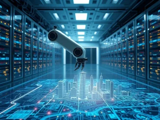 A robotic arm interacts with a holographic city map, symbolizing the Presens and 4AI partnership for real-world spatial data and AI.