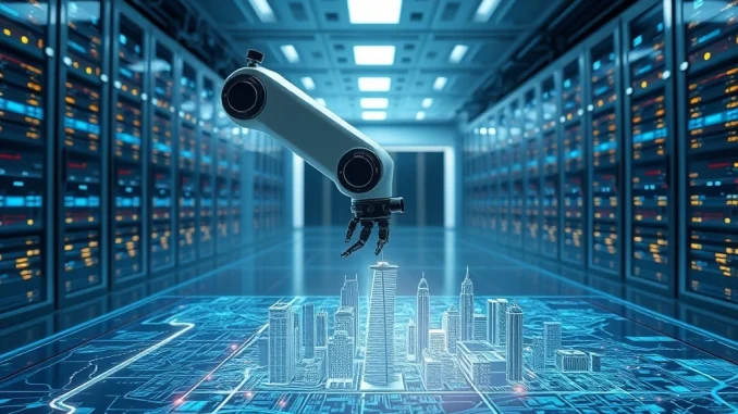 A robotic arm interacts with a holographic city map, symbolizing the Presens and 4AI partnership for real-world spatial data and AI.