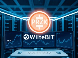 PRZK token listing on WhiteBIT exchange with a major trading reward campaign visualized.