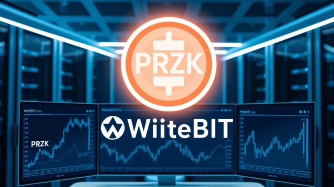 PRZK token listing on WhiteBIT exchange with a major trading reward campaign visualized.