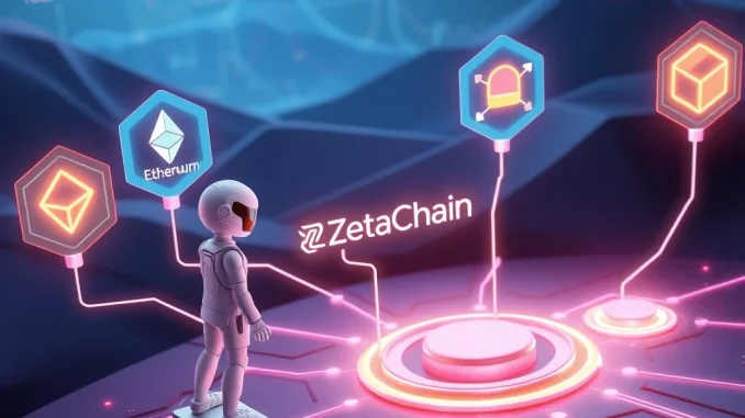 AI agent executing tasks across multiple blockchains via ZetaChain for universal cross-chain execution.