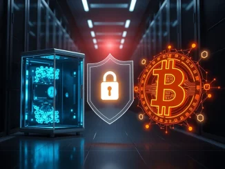 Conceptual image showing quantum computer and Bitcoin blockchain separated by a security shield, representing manageable risk.