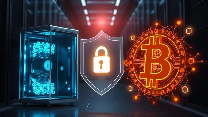 Conceptual image showing quantum computer and Bitcoin blockchain separated by a security shield, representing manageable risk.