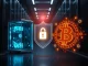 Conceptual image showing quantum computer and Bitcoin blockchain separated by a security shield, representing manageable risk.