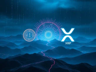 Conceptual image of quantum computing threatening Bitcoin blockchain security, with a fork in the digital path.