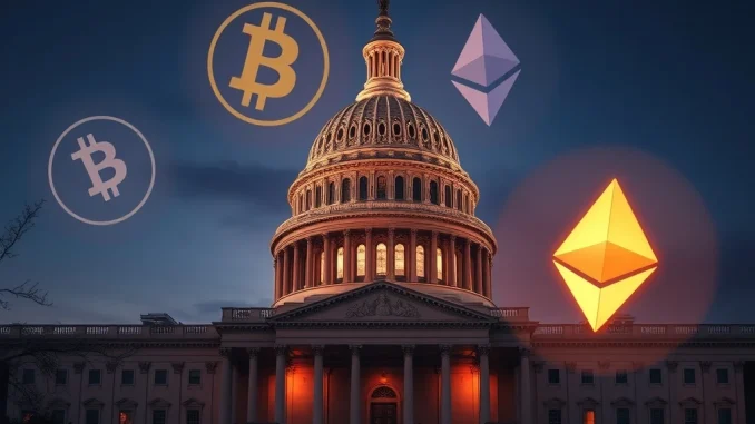 U.S. Capitol with crypto symbols representing the urgent push for SEC cryptocurrency rules and the CLARITY Act.