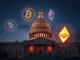 U.S. Capitol with crypto symbols representing the urgent push for SEC cryptocurrency rules and the CLARITY Act.