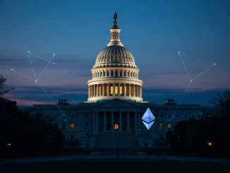 U.S. Capitol with digital currency overlay representing the Senate Banking Committee's crypto market structure bill talks.