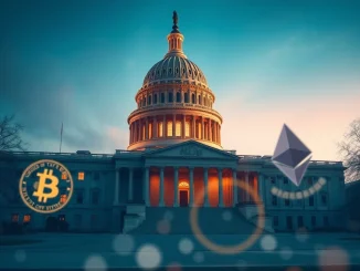 US Capitol with cryptocurrency symbols representing Senate Democrats' revived crypto market bill legislation