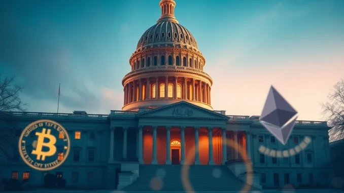 US Capitol with cryptocurrency symbols representing Senate Democrats' revived crypto market bill legislation