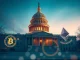US Capitol with cryptocurrency symbols representing Senate Democrats' revived crypto market bill legislation