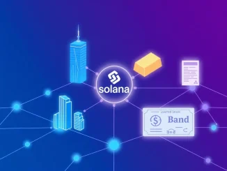 Blockchain network connecting to real-world asset symbols, illustrating Solana's tokenized RWA milestone.