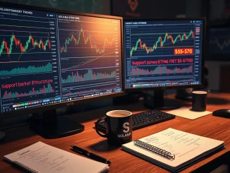 Analyst reviewing Solana cryptocurrency price charts highlighting critical support zones for next market move