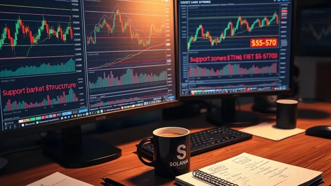 Analyst reviewing Solana cryptocurrency price charts highlighting critical support zones for next market move