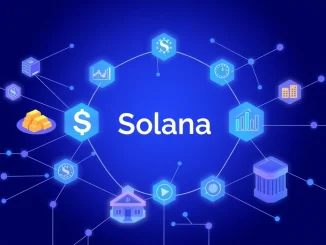 Solana blockchain network connecting to tokenized real-world assets like real estate and bonds for instant redemption.