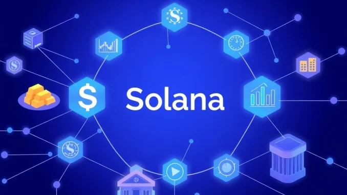 Solana blockchain network connecting to tokenized real-world assets like real estate and bonds for instant redemption.