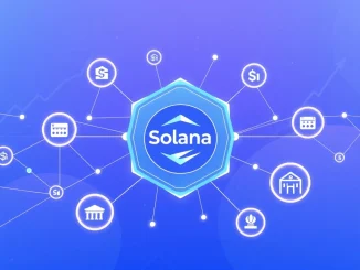 Solana blockchain network connecting to tokenized real-world assets like treasuries and loans, representing its $1.66B RWA milestone.