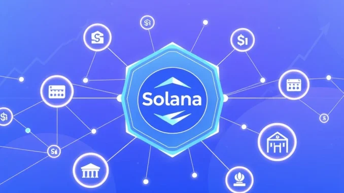 Solana blockchain network connecting to tokenized real-world assets like treasuries and loans, representing its $1.66B RWA milestone.