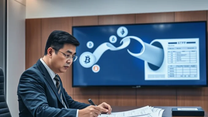 South Korea government official reviewing new crypto tax policy for airdrops and staking rewards.