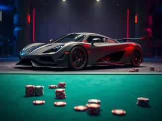 Mansory Koenigsegg Jesko hypercar in casino setting representing Spartans' unprecedented online poker giveaway