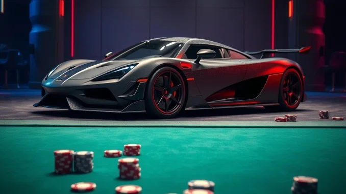 Mansory Koenigsegg Jesko hypercar in casino setting representing Spartans' unprecedented online poker giveaway