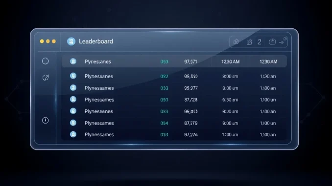 A futuristic digital leaderboard interface representing competitive features in crypto gaming platforms.