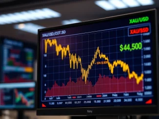 Spot gold price chart showing a sharp decline below $4,500 per ounce on a financial trading terminal.