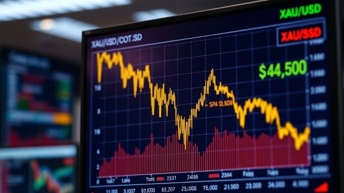 Spot gold price chart showing a sharp decline below $4,500 per ounce on a financial trading terminal.