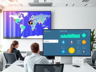 Comparison of the best stablecoin payroll platforms for global businesses in 2026, showing a digital world map and financial dashboard.