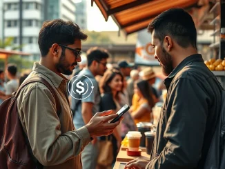 A person uses a smartphone for a stablecoin payment in a market, illustrating the shift to everyday digital money.