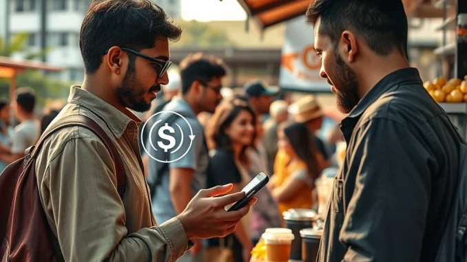 A person uses a smartphone for a stablecoin payment in a market, illustrating the shift to everyday digital money.