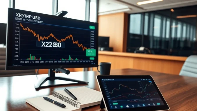 Analyst desk showing Standard Chartered's revised $2.80 XRP price target for 2026 on a financial chart.