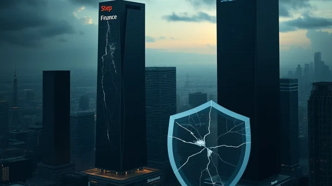 Visual metaphor for the Step Finance hack and subsequent shutdown of SolanaFloor and Remora platforms on the Solana blockchain.