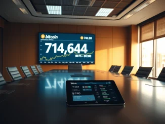 Corporate Bitcoin investment strategy with 714,644 BTC holdings displayed on financial screen.