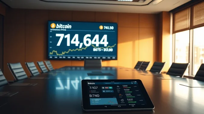 Corporate Bitcoin investment strategy with 714,644 BTC holdings displayed on financial screen.