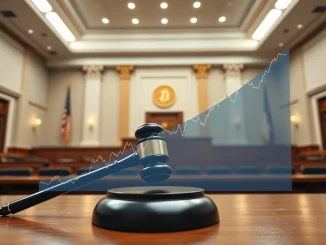 Supreme Court gavel with Bitcoin price chart overlay following tariff ruling.