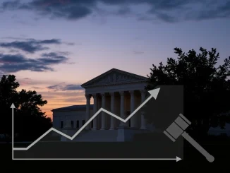 US Supreme Court building with overlay symbolizing the legal debate over Trump-era tariffs and trade policy authority.