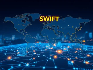 SWIFT blockchain integration announcement at Sibos 2025 conference with global payment network visualization