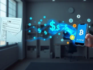 Conceptual image of a $150 billion tax refund wave flowing toward Bitcoin and stock market charts.