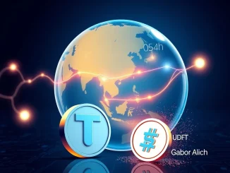 Tether CNH₮ stablecoin discontinuation visualized with global financial data streams and fading token icons.