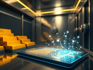 Tether Gold's blockchain network efficiently settling 94 tonnes of physical gold reserves in a secure vault.