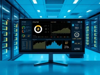 Control room monitor displaying the Tether MOS interface for managing Bitcoin mining operations.