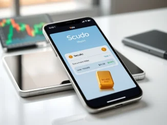 Smartphone displaying Tether's Scudo unit for fractional XAU₮ gold transactions on a digital wallet interface.