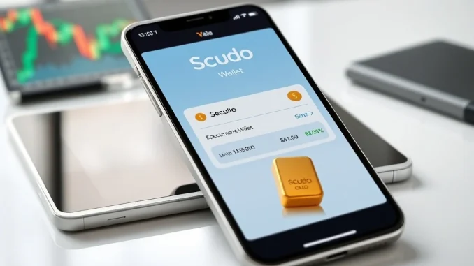 Smartphone displaying Tether's Scudo unit for fractional XAU₮ gold transactions on a digital wallet interface.