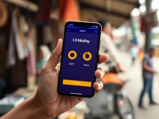 Opera MiniPay wallet on a smartphone now supports Tether USDT and Tether Gold for payments.