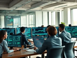 Financial analysts discussing tokenized pre-IPO access platforms and private market democratization with data visualization screens
